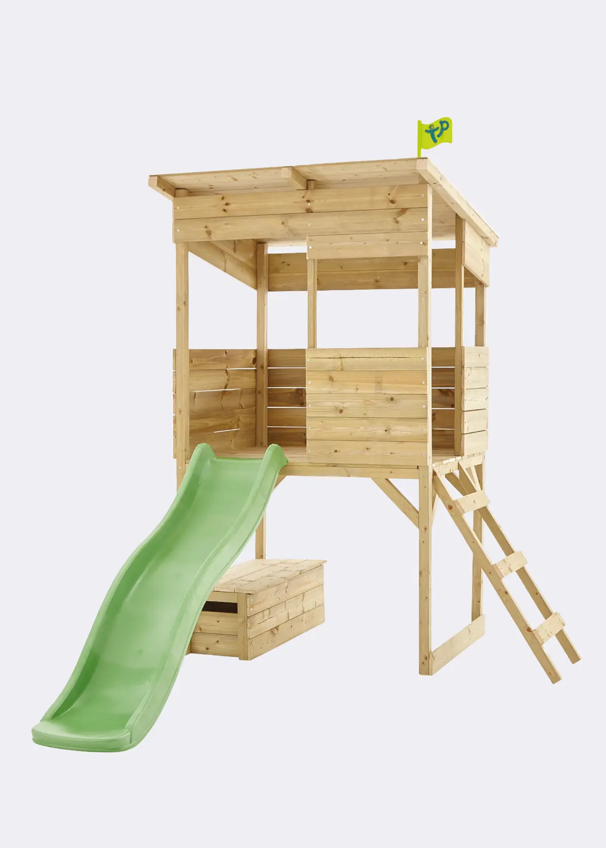 A photo of TP Tree Tops Wooden Tower Playhouse With Toy Box And Slide
