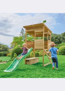 TP Tree Tops Wooden Tower Playhouse With Toy Box And Slide