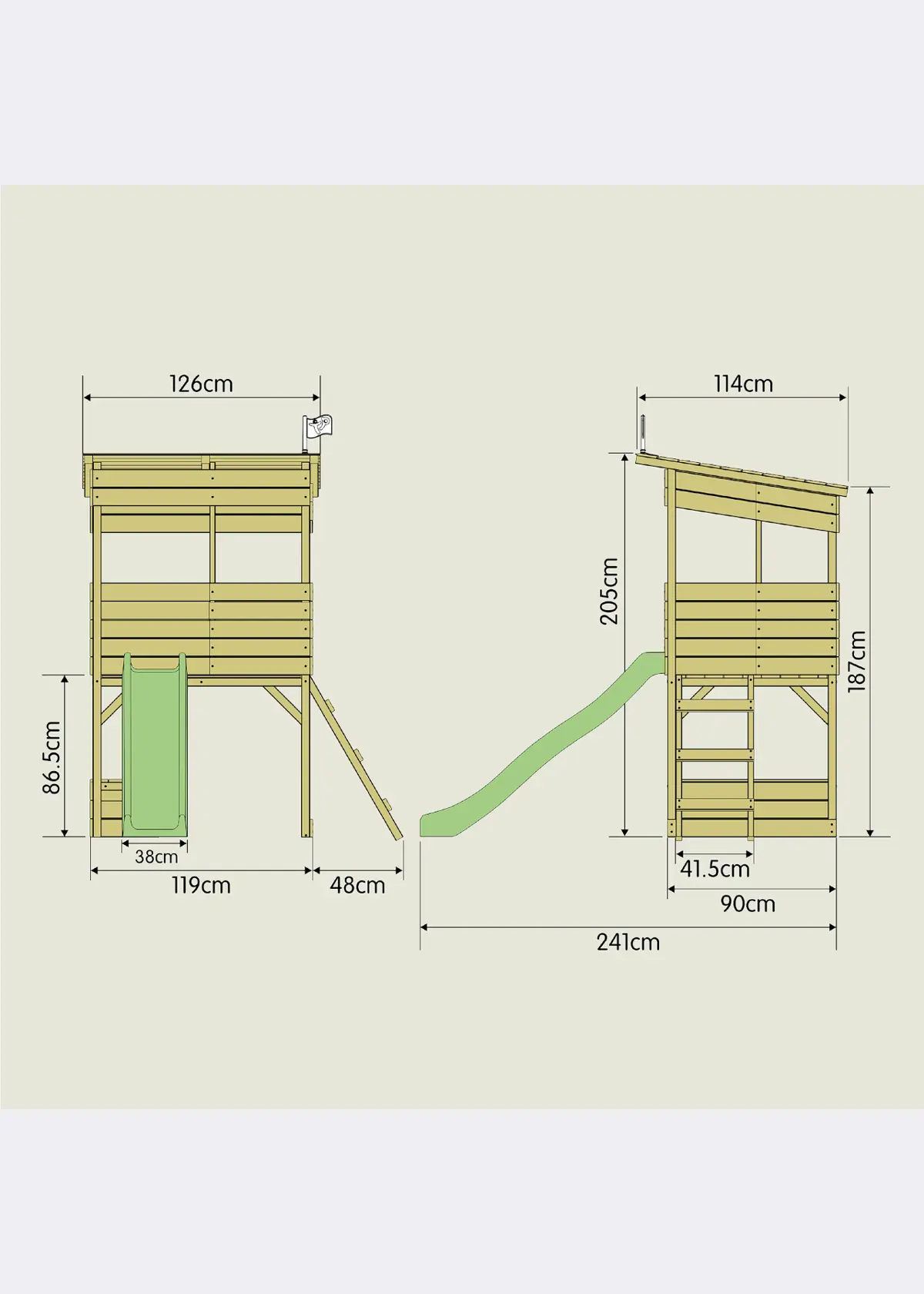 A photo of TP Tree Tops Wooden Tower Playhouse With Toy Box And Slide