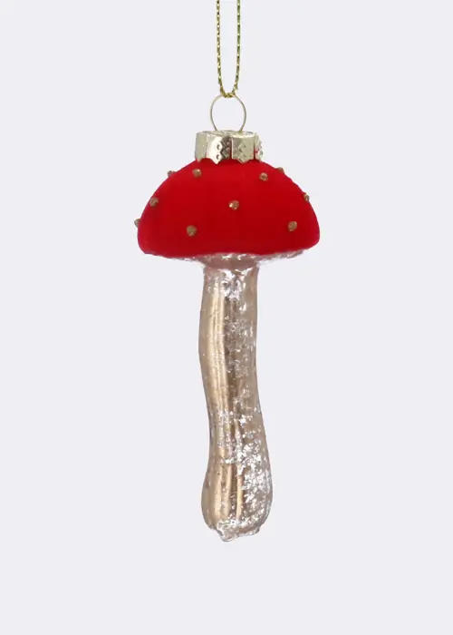 A photo of Red Flock Gold Glass Toadstool Hanging Decoration 10cm