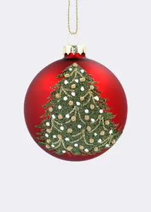 Green Beaded Trees Red Glass Bauble 8cm