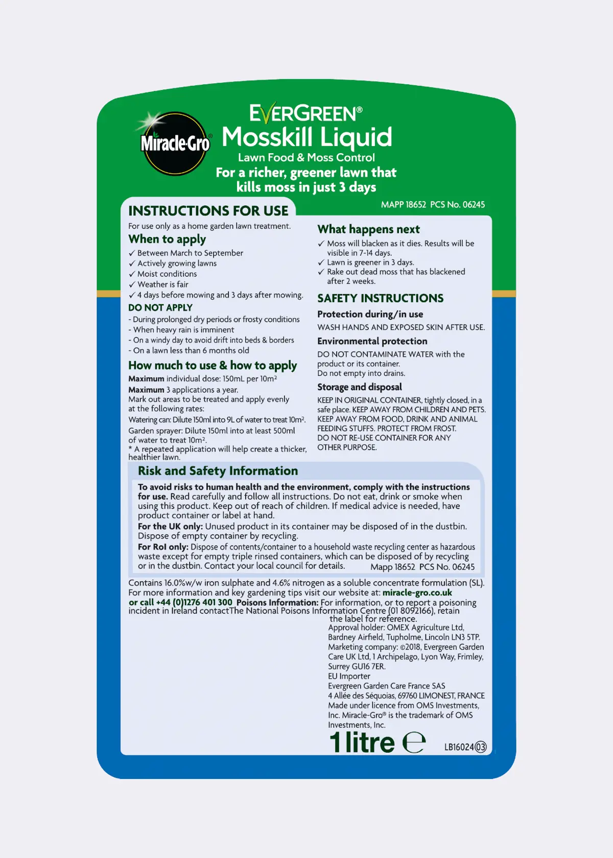 A photo of Miracle-Gro Mosskill Liquid 1L
