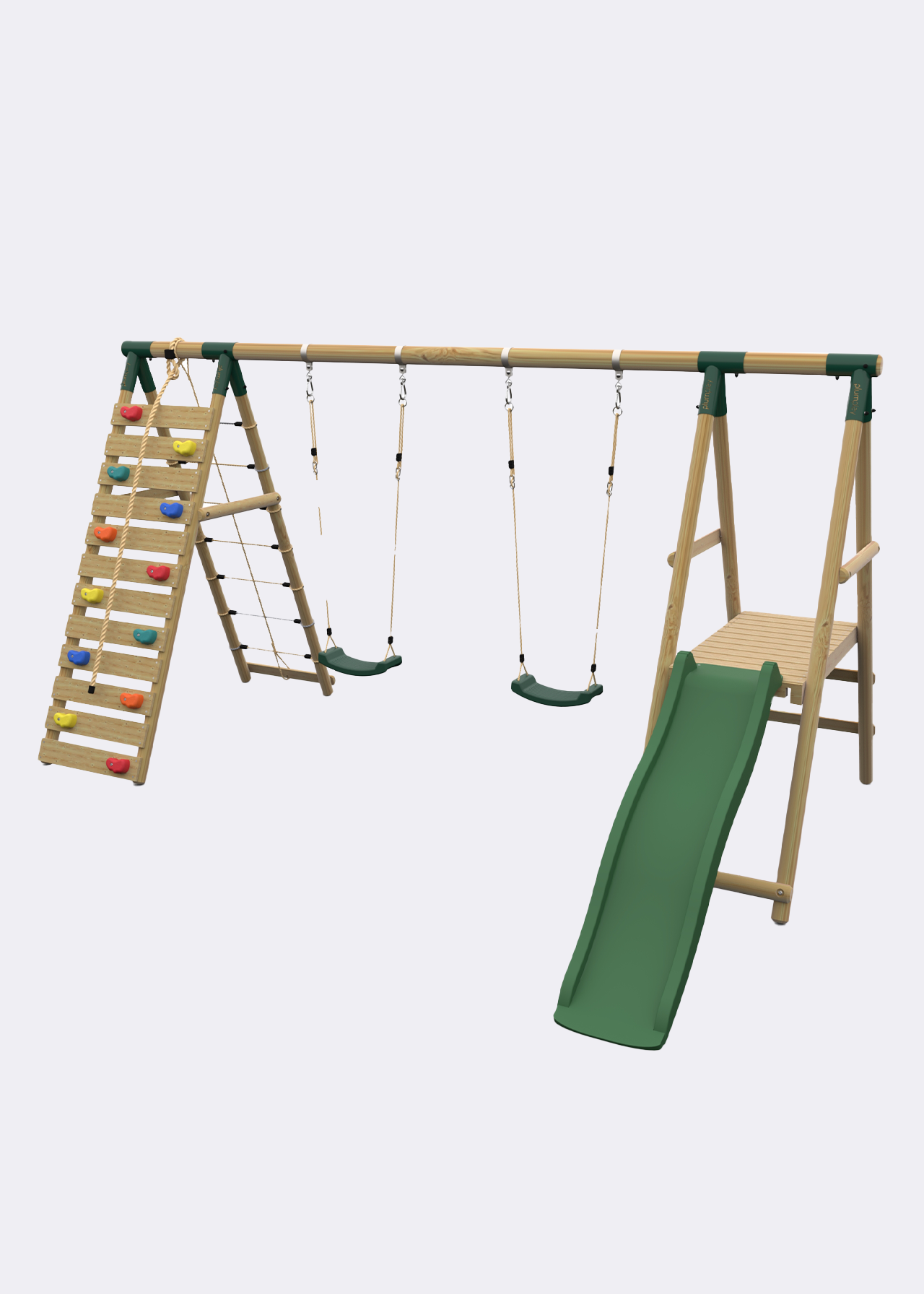 Plum Woolly Monkey II Wooden Double Swing & Climbing Wall