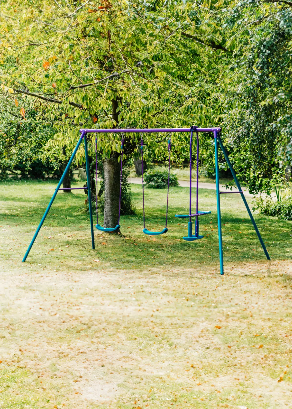 A photo of Plum® Jupiter® Double Swing & Glider Set Purple & Teal