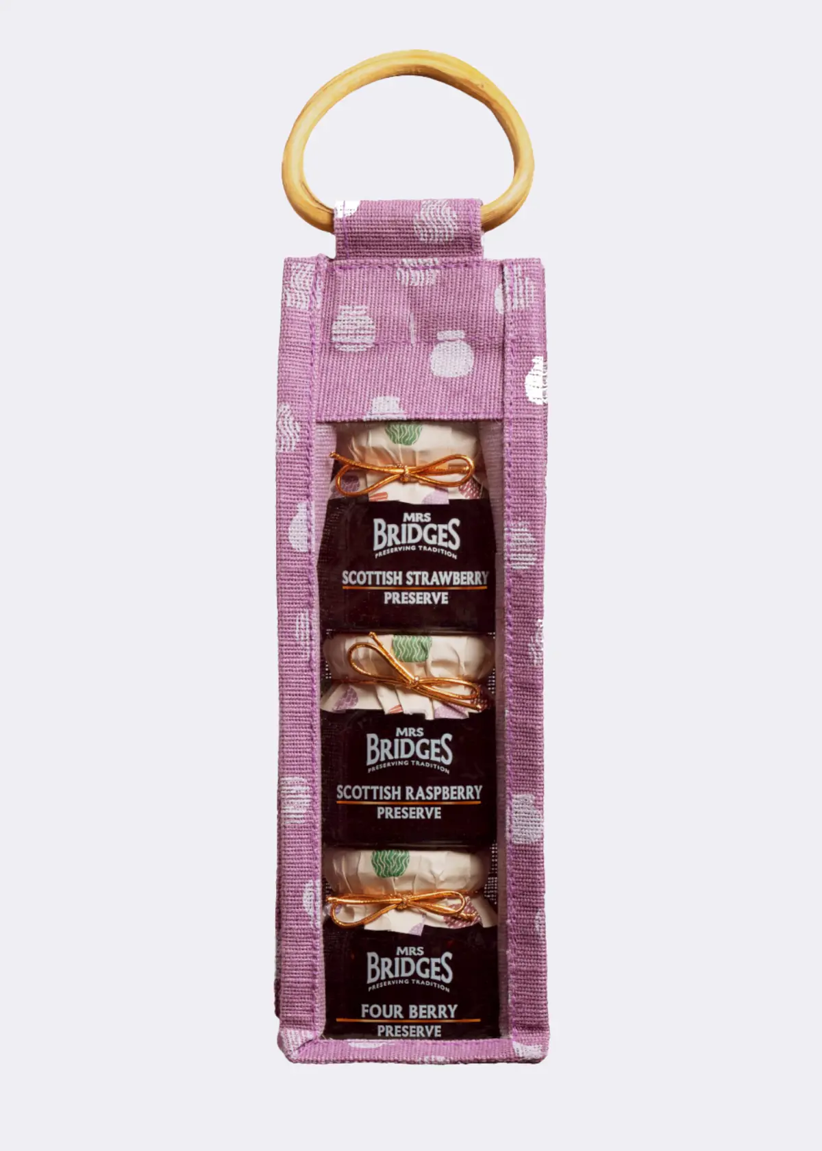 A photo of Mrs Bridges Berry Preserves Triple Jar Gift Set In Juco Bag