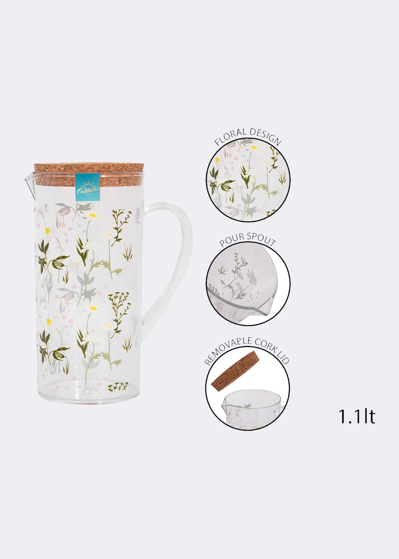 Pitcher with daisy print & cork lid 1.1L