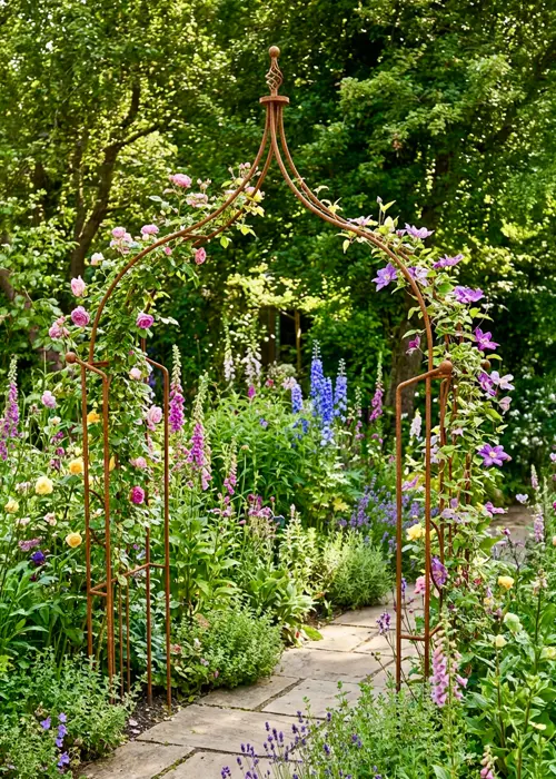 A photo of Flower Ogee Bare Metal Garden Arch With Ground Spikes