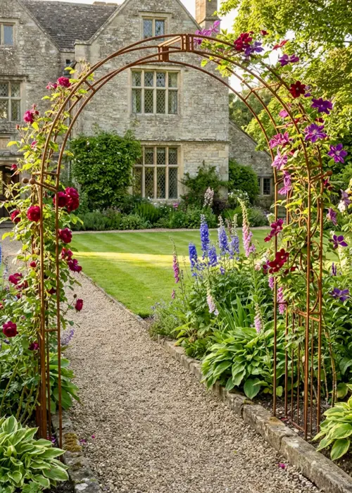 A photo of Flower Traditional Bare Metal Garden Arch with Ground Spikes