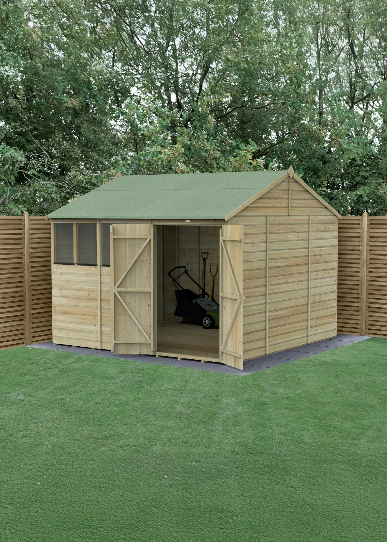 Beckwood 10x10 Reverse Apex Shed With Double Door, 4 Windows