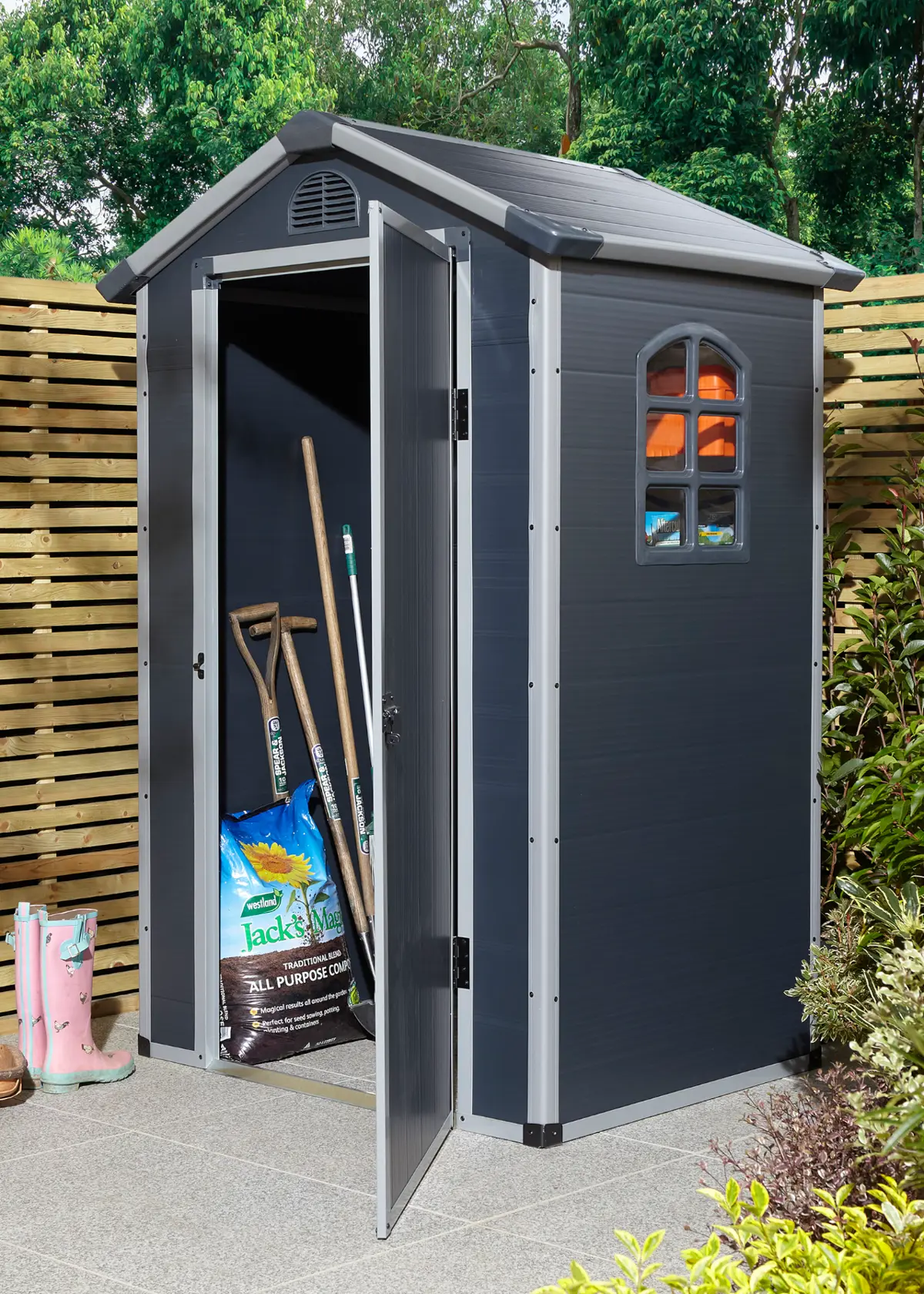 A photo of Airevale 4x3 Plastic Apex Shed in Dark Grey