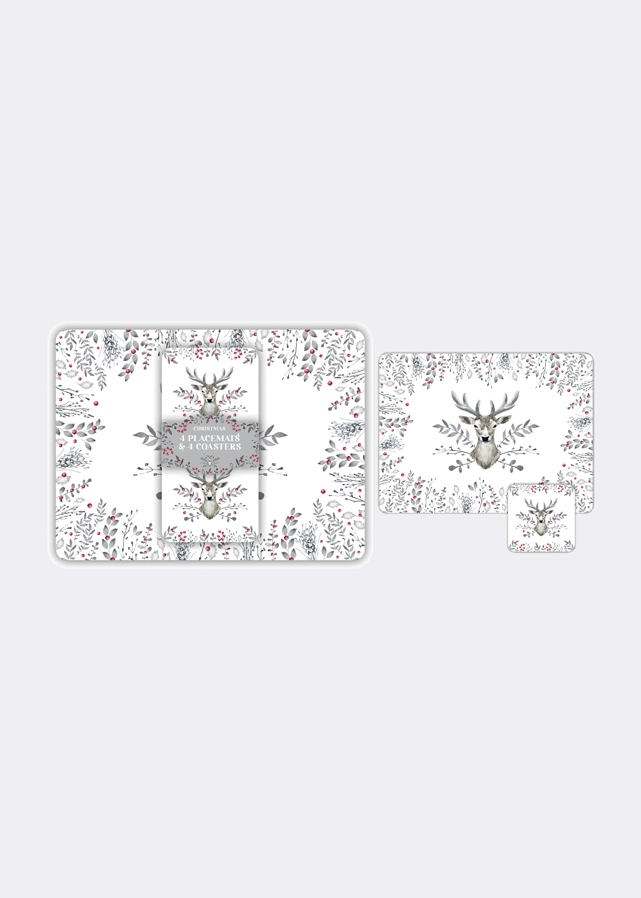 Set of 4 Christmas Stag Placemats & Coasters Silver