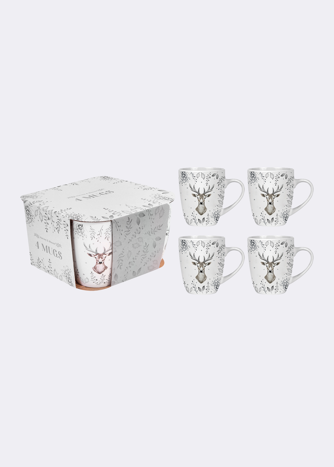 Set of 4 Christmas Stag Mugs Silver