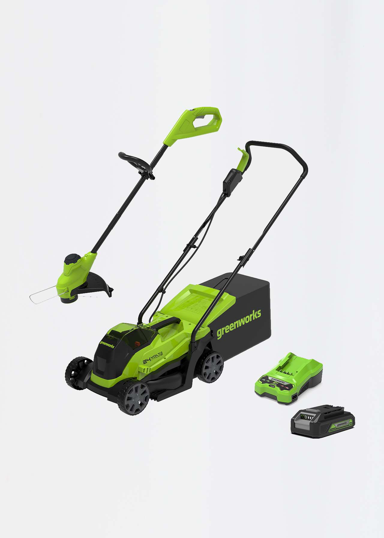 Greenworks 24v 33cm Cordless Lawnmower with Line Trimmer