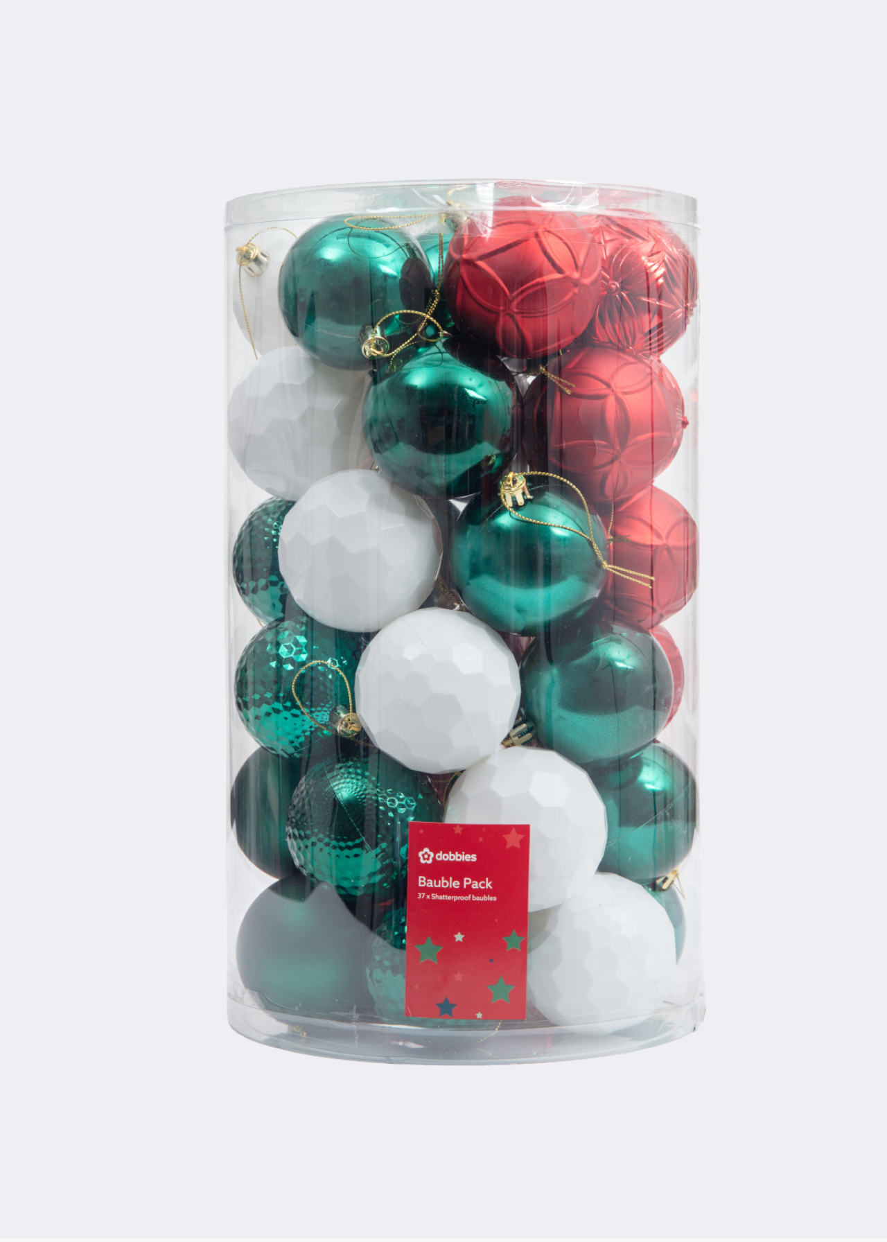 Pack Of 37 Shatterproof Mixed Baubles Red, White & Green