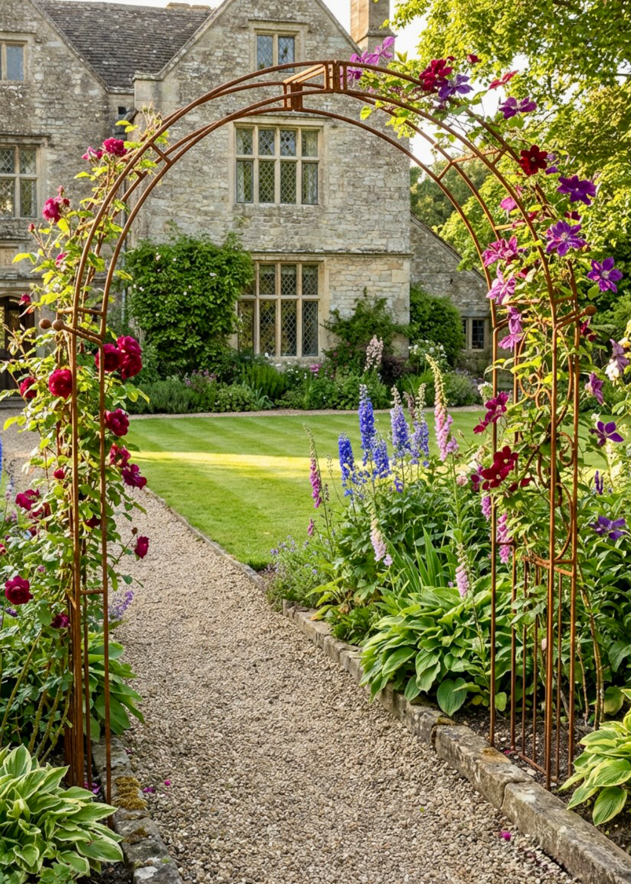 Flower Traditional Bare Metal Garden Arch with Ground Spikes