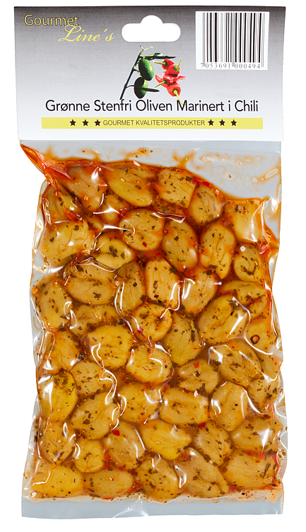 OLIVEN GRØNN M/STEN M/CHILI 250G GOURMET LINE'S