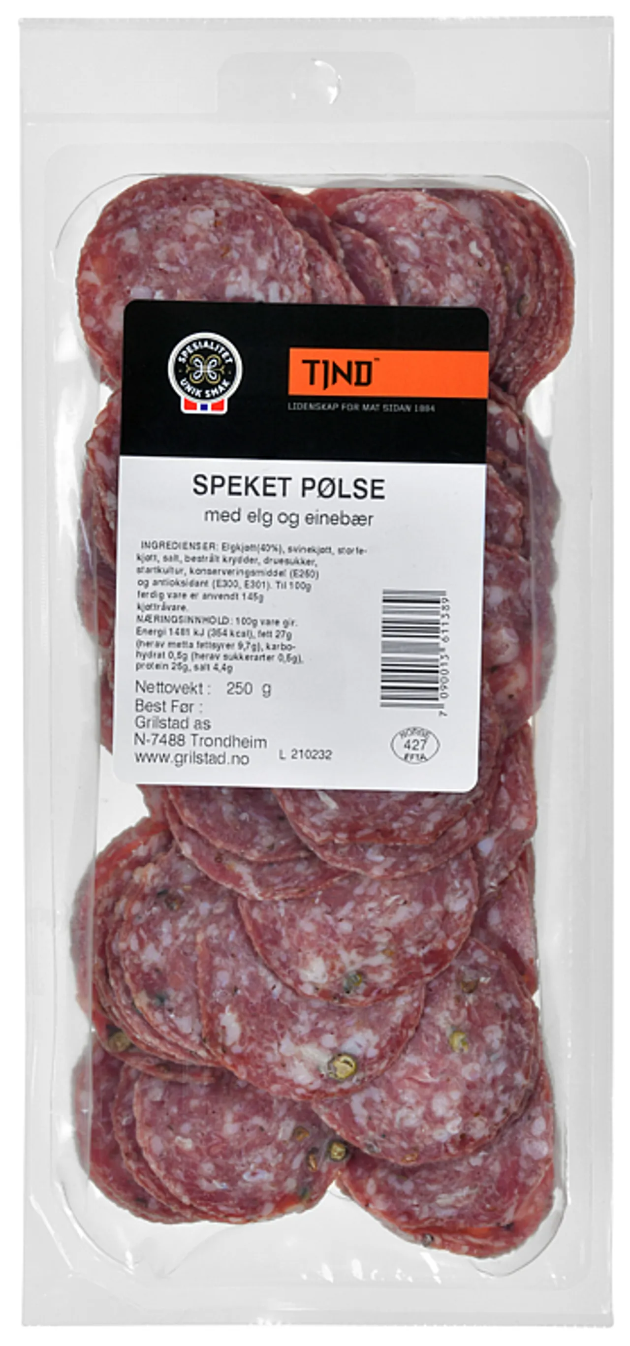 SP.PØLSE, ELG OG EINEBÆR 250G TIND