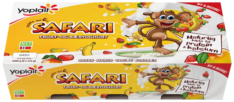 SAFARI YOGHURT MED MANGO JORDBÆR VANILJE OG BANAN 8X125 G YO SAFARI YOGHURT MED MANGO JORDBÆR VANILJE OG BANAN 8X125 G YO