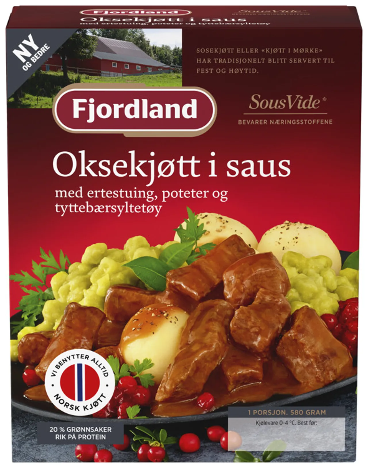OKSEKJØTT I SAUS MED ERTESTUING POTETER OG TYTTEBÆRSYLTETØY