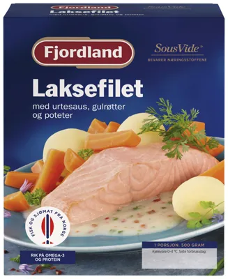 LAKSEFILET MED URTESAUS GULRØTTER OG POTETER 500G FJORDLAND LAKSEFILET MED URTESAUS GULRØTTER OG POTETER 500G FJORDLAND