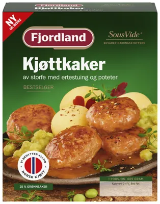 KJØTTKAKER AV STORFE MED ERTESTUING OG POTETER 605G FJORDLAN KJØTTKAKER AV STORFE MED ERTESTUING OG POTETER 605G FJORDLAN