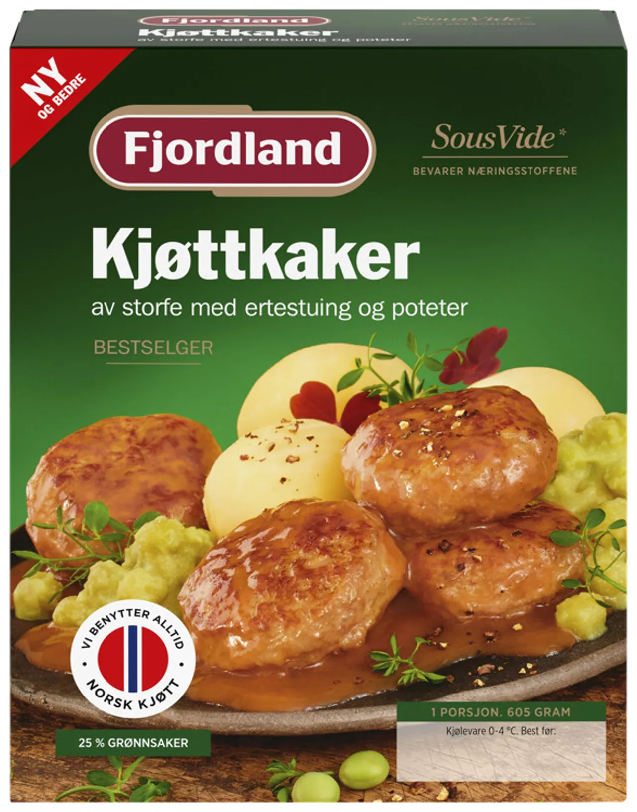 KJØTTKAKER AV STORFE MED ERTESTUING OG POTETER 605G FJORDLAN