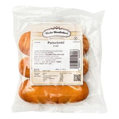 Pølsebrød 3pk 140g Fryst Klæbu Bakeri