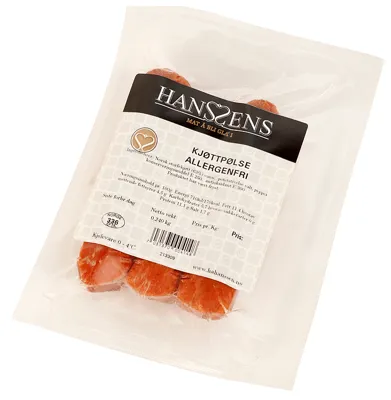 KJØTTPØLSE ALLERGENFRI U/SKINN 3PK FR HANSSENS KJØTTPØLSE ALLERGENFRI U/SKINN 3PK FR HANSSENS