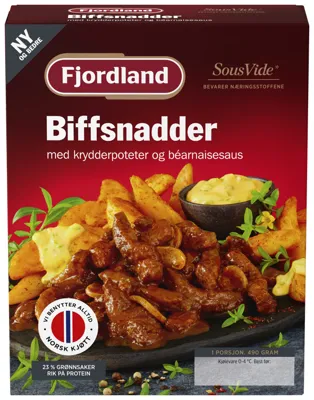 BIFFSNADDER MED KRYDDERPOTETER OG BÉARNAISESAUS 490G FJORDLA BIFFSNADDER MED KRYDDERPOTETER OG BÉARNAISESAUS 490G FJORDLA