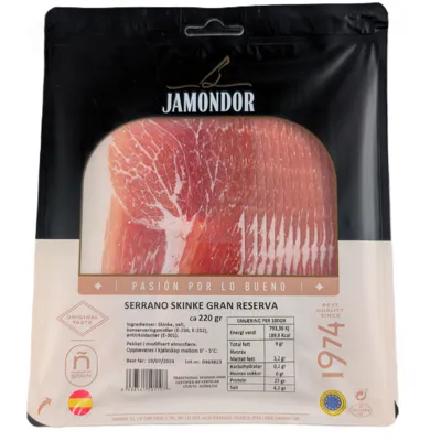 SERRANO SKINKE GRAN RESERVA JAMONDUL SKIVER 220G SERRANO SKINKE GRAN RESERVA JAMONDUL SKIVER 220G