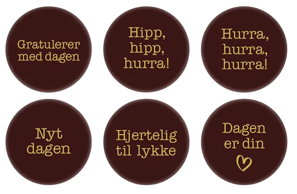 SJOKOLADESKILT HVERDAGSLYKKE "HURRA" RUNDE Ø38MM 192 STK SJOKOLADESKILT HVERDAGSLYKKE "HURRA" RUNDE Ø38MM 192 STK
