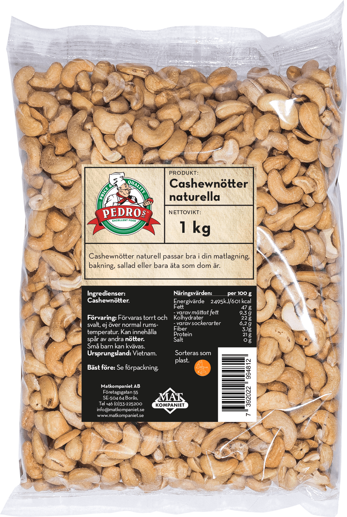 CASHEWNØTTER NATURELL 1KG PEDROS