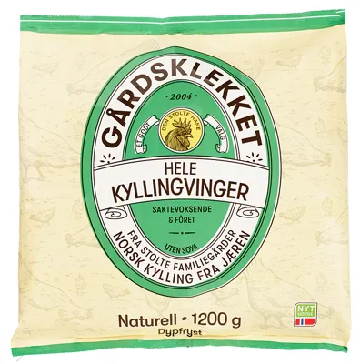 GÅRDSKLEKKET HELE KYLLINGVINGER 1,2KG SINGELFRYST DEN STOLTE GÅRDSKLEKKET HELE KYLLINGVINGER 1,2KG SINGELFRYST DEN STOLTE