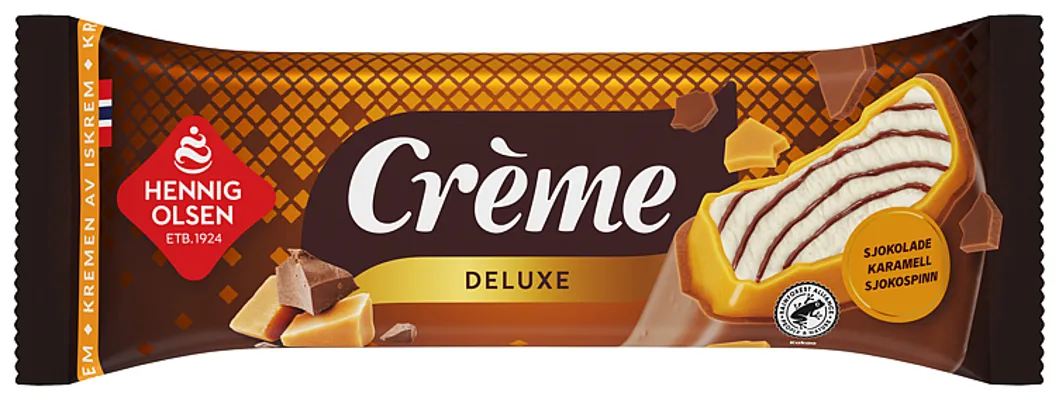 CRÈME DELUXE FLØTEIS MED SJOKOLADESAUS DYPPET I KARAMELLOVER CRÈME DELUXE FLØTEIS MED SJOKOLADESAUS DYPPET I KARAMELLOVER