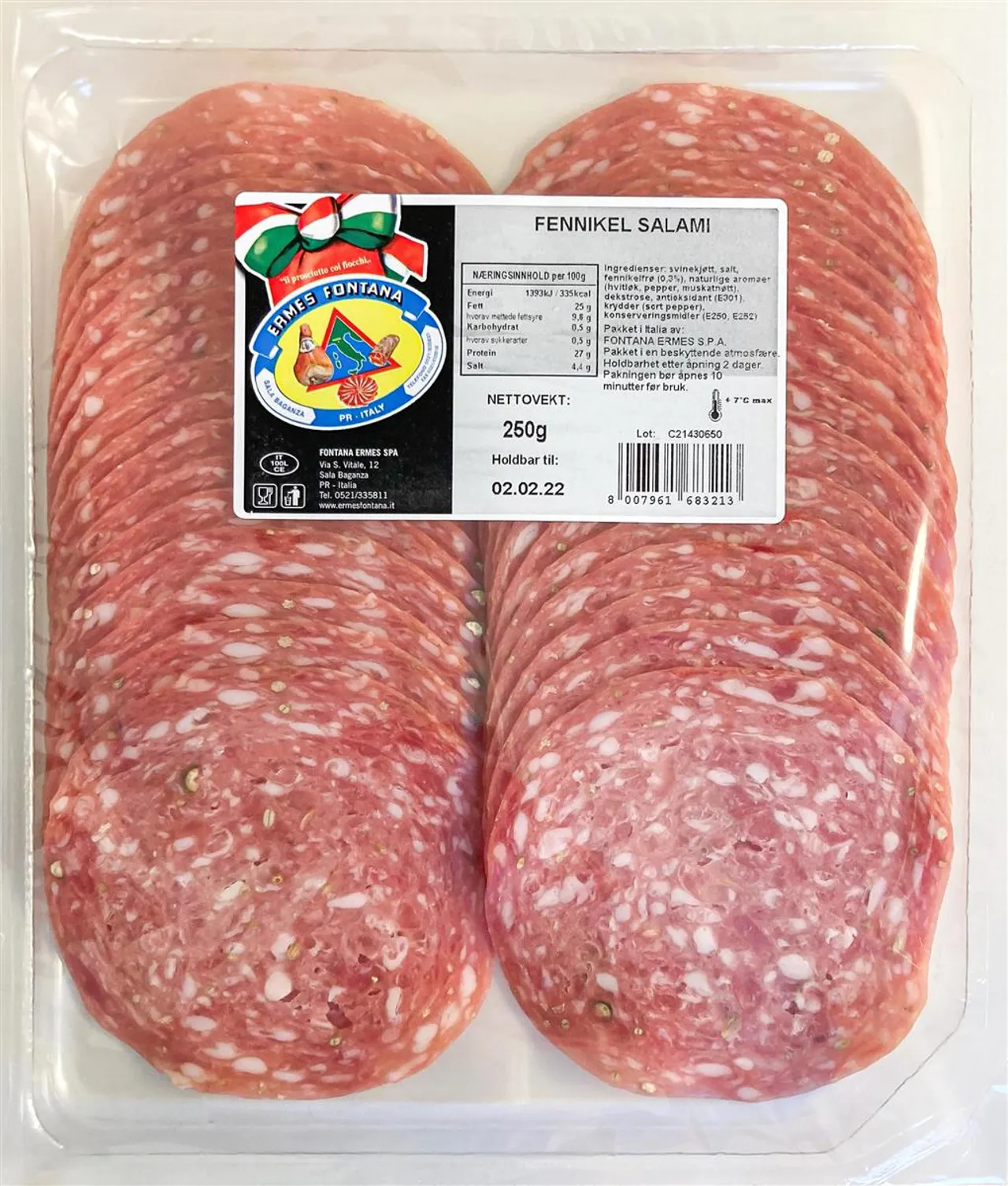 SALAMI FENNIKEL SKIVET MAXI PACK 250G ERMES FONTANA