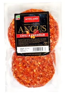 ANGUSBURGER CHILI & CHEDDAR 2X165G FRYS MYDLAND ANGUSBURGER CHILI & CHEDDAR 2X165G FRYS MYDLAND