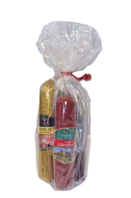 Gavepose Spekepølser 4pk Rein, Salami, Rødvin, Bacon
