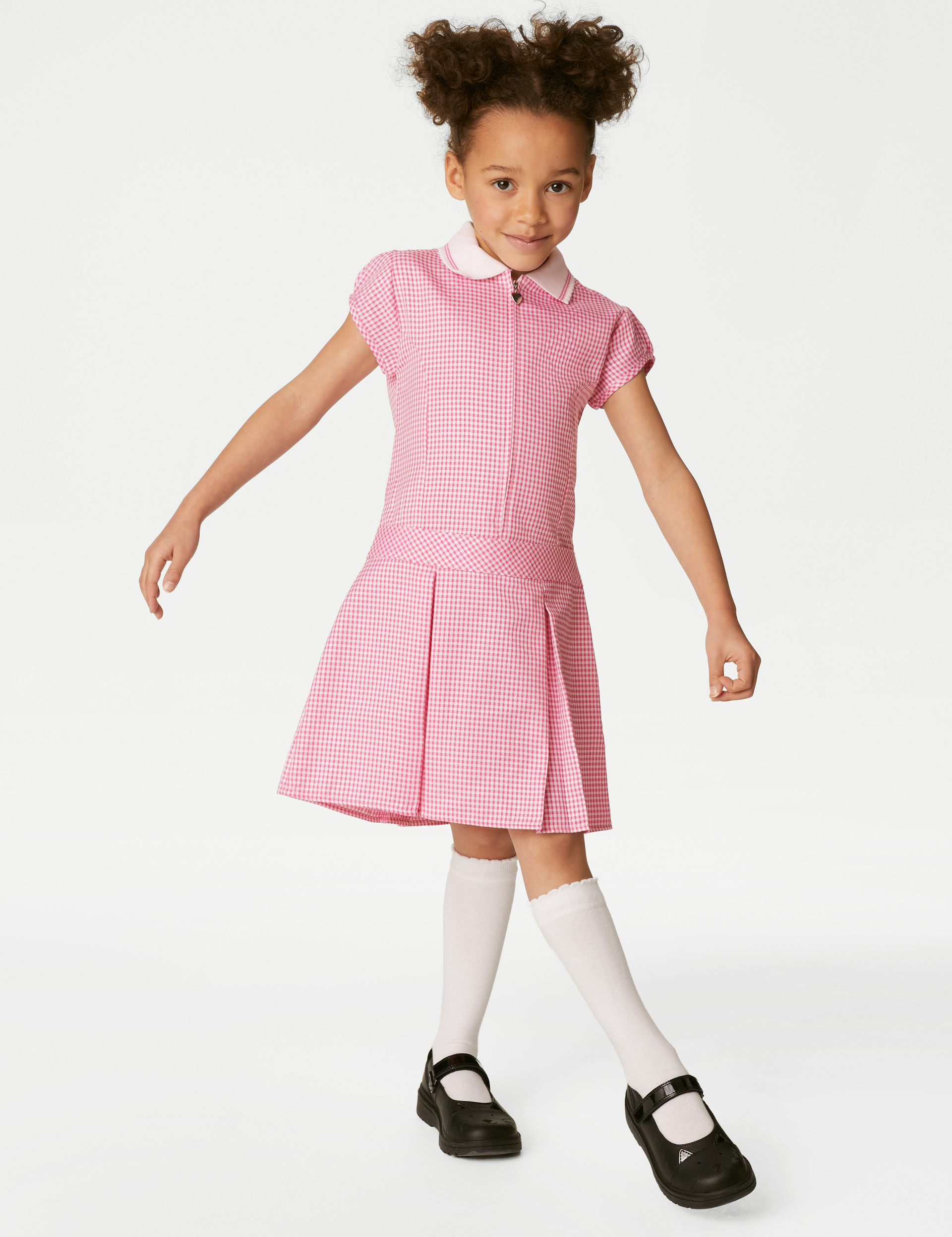 Girls Pink Pleated School Gingham Summer Dress