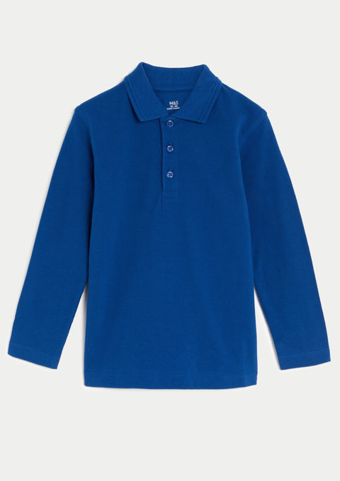 Unisex Plain Royal Blue L S Cotton Polo Shirt