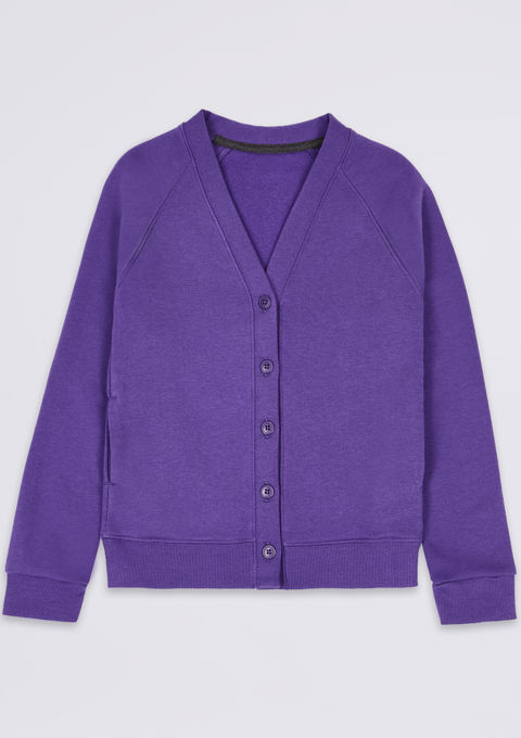 Girls Cotton Rich Plain Purple Sweat Cardigan