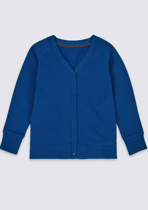 Girls Cotton Rich Plain Royal Blue Sweat Cardigan