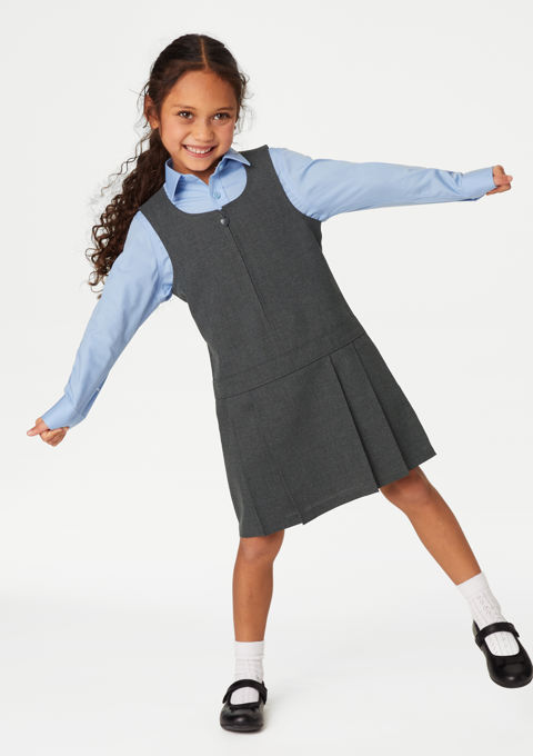 Girls 2 Pack Crease Resistant Grey Pinafores