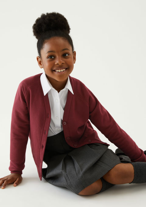 Girls Plain Burgundy Sweat Cardigan