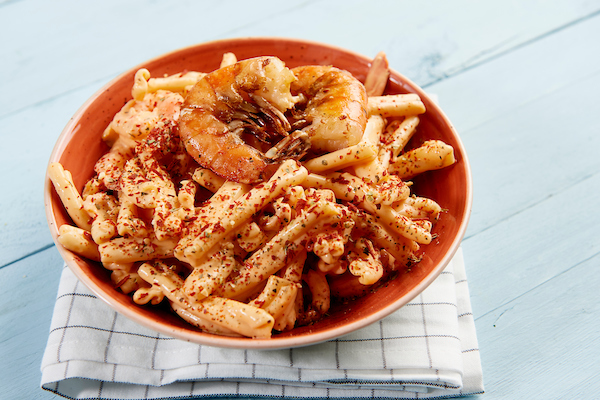 Caserece met scampi en roze pepersaus