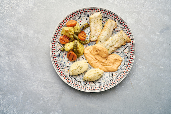 Heekbuikhaasje met gegrilde groenten en Portofino