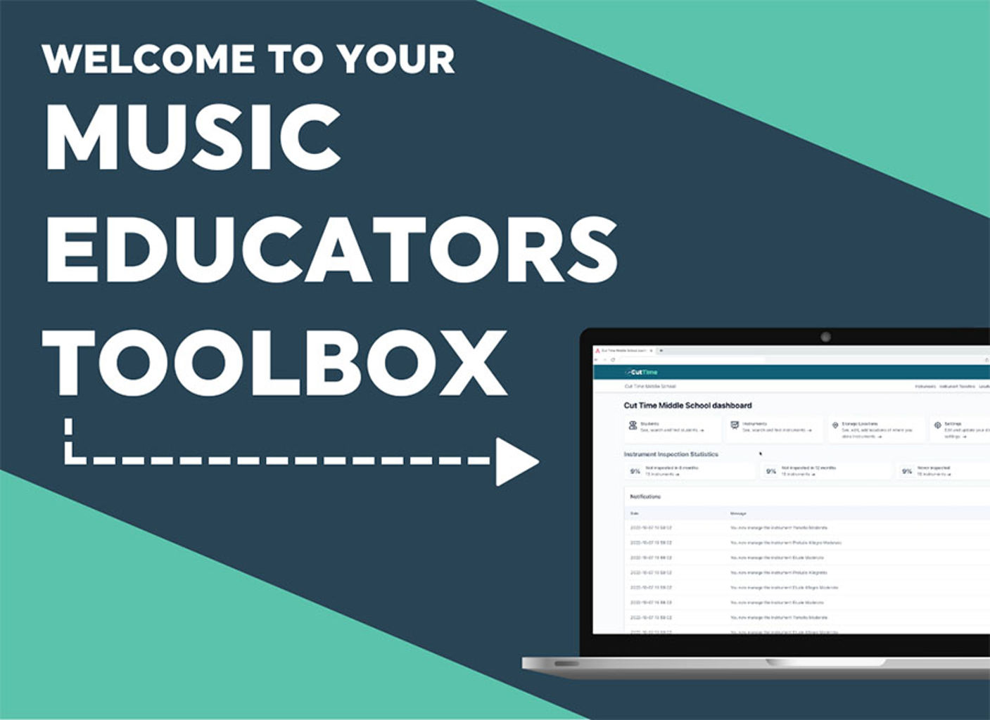 Arrow pointing to computer with the word, "Music Educator's Toolbox" on it